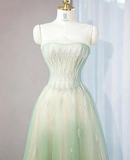Fresh Mint Ombre Strapless Sequin Tulle A-Line Long Prom Dress AD1178