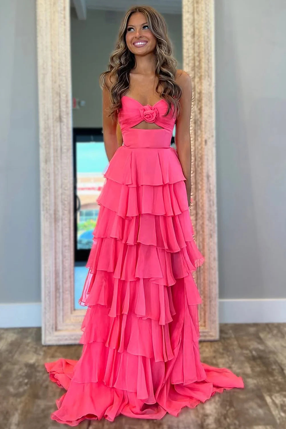 Lovely Pink Strapless A-Line Long Ruffle Chiffon Skirt Prom Dress With Slit AD118