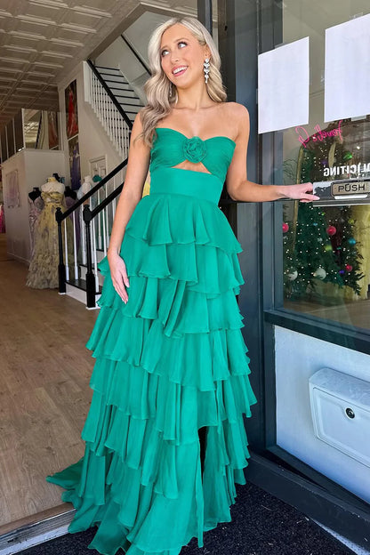 Lovely Pink Strapless A-Line Long Ruffle Chiffon Skirt Prom Dress With Slit AD118