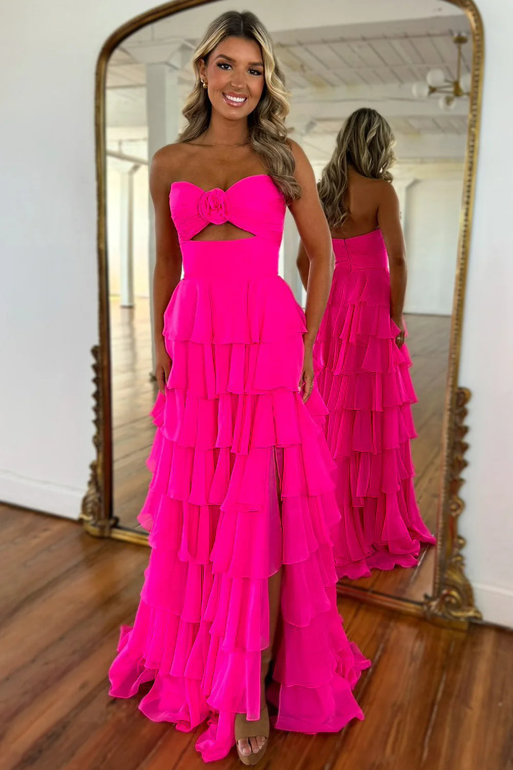 Lovely Pink Strapless A-Line Long Ruffle Chiffon Skirt Prom Dress With Slit AD118