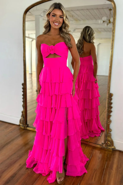 Lovely Pink Strapless A-Line Long Ruffle Chiffon Skirt Prom Dress With Slit AD118