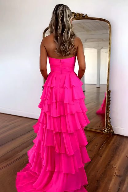 Lovely Pink Strapless A-Line Long Ruffle Chiffon Skirt Prom Dress With Slit AD118