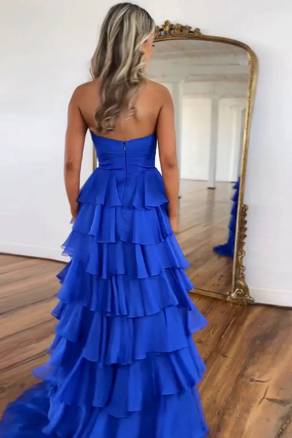 Lovely Pink Strapless A-Line Long Ruffle Chiffon Skirt Prom Dress With Slit AD118