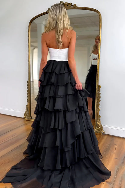 Lovely Pink Strapless A-Line Long Ruffle Chiffon Skirt Prom Dress With Slit AD118