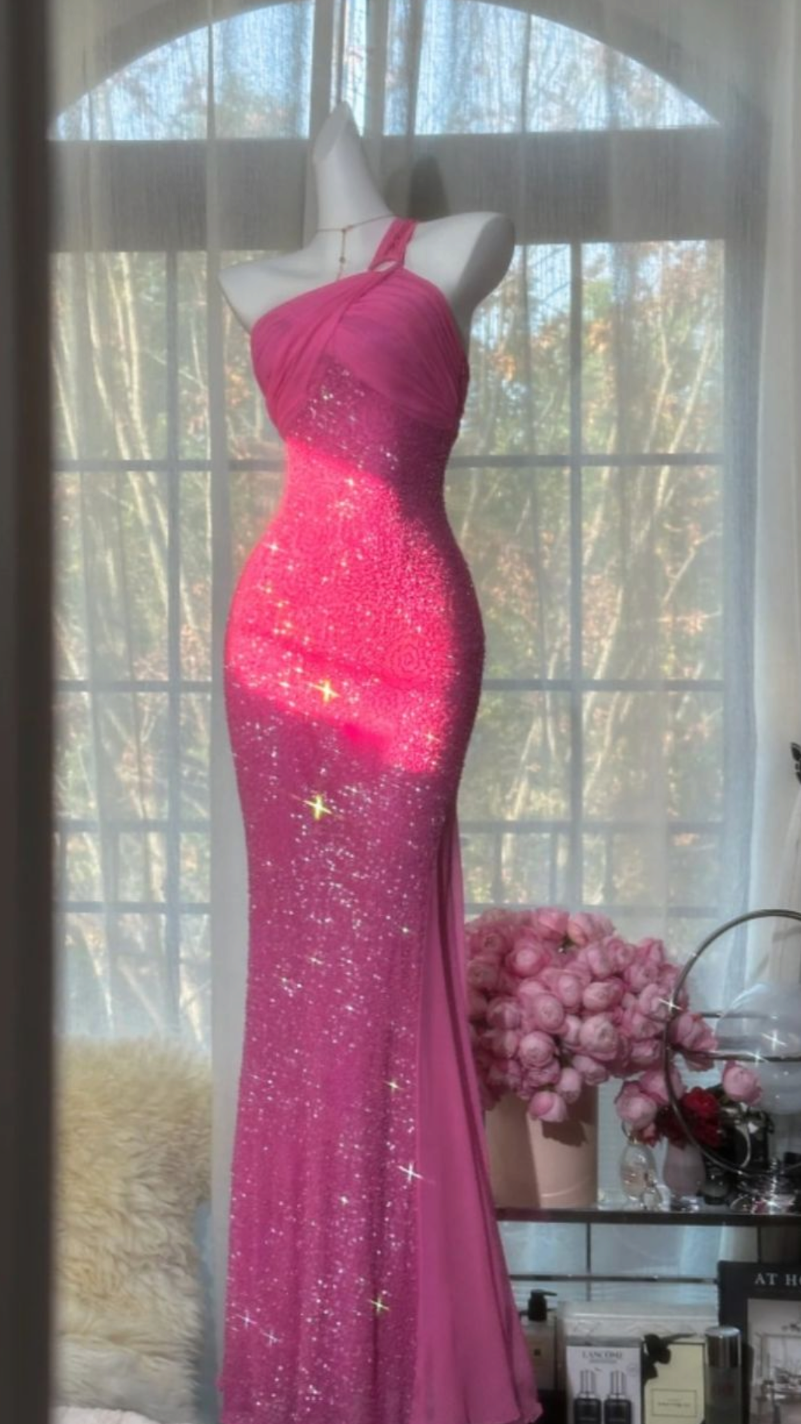 Vibrant Hot Pink One Shoulder Sparkling Sequin Mermaid Long Prom Dress AD1180