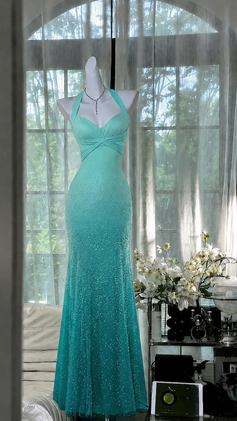 Refreshing Turquoise Ombre Halter Sparkle Sequin Mermaid Long Prom Dress AD1181