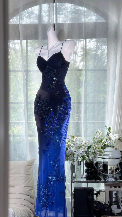 Stunning Gradient Navy To Royal Blue Sweetheart Neck Spaghetti Straps Sparkle Floral Appliques Mermaid Long Prom Dress AD1182