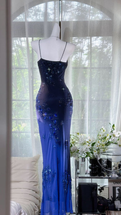 Stunning Gradient Navy To Royal Blue Sweetheart Neck Spaghetti Straps Sparkle Floral Appliques Mermaid Long Prom Dress AD1182