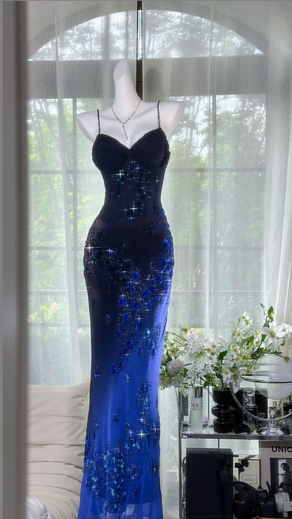 Stunning Gradient Navy To Royal Blue Sweetheart Neck Spaghetti Straps Sparkle Floral Appliques Mermaid Long Prom Dress AD1182