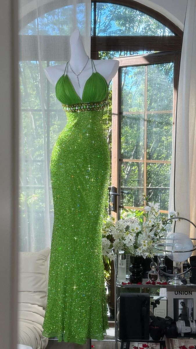 Vivid Green Halter leated Chiffon Deep V Glitter Beading Sequin Mermaid Long Prom Dress AD1183