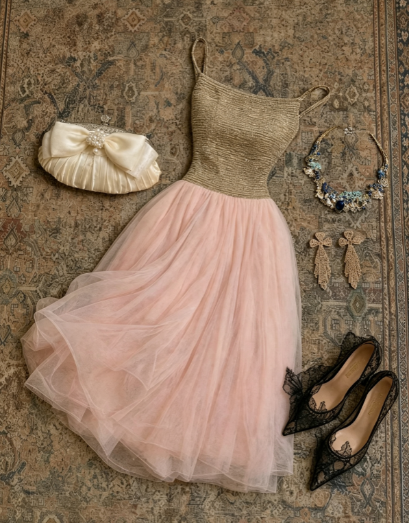 Vintage Gold Pleated Bodice Blush Tulle Spaghetti Strap A Line Midi Prom Dress AD1184