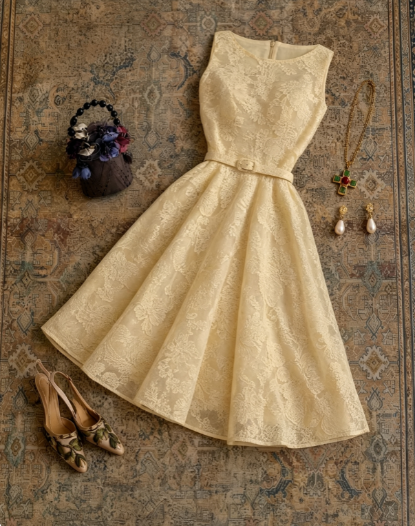 Classic Vintage Ivory Floral Lace Round Neck Sleeveless A Line Midi Prom Dress With Matching Waist Belt AD1185