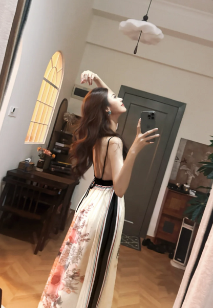 Gorgeous Ivory Spaghetti Straps V-Neck Floral Print Black Trim Empire Waist Flowy A Line Chiffon Long Prom Dress AD1188