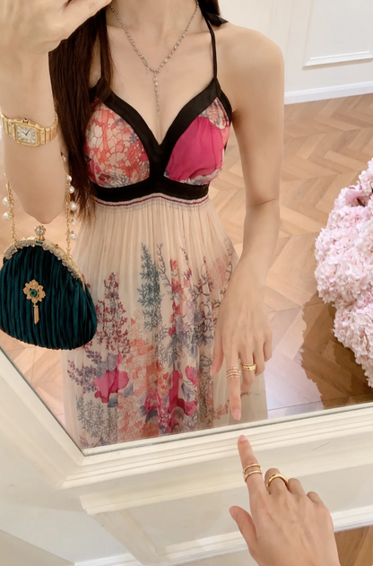 Gorgeous Ivory Spaghetti Straps V-Neck Floral Print Black Trim Empire Waist Flowy A Line Chiffon Long Prom Dress AD1188