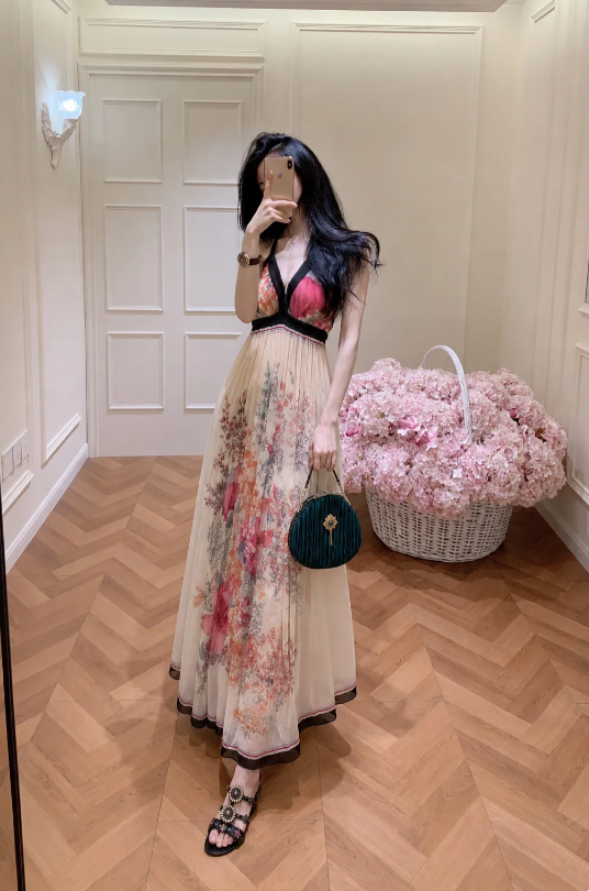 Gorgeous Ivory Spaghetti Straps V-Neck Floral Print Black Trim Empire Waist Flowy A Line Chiffon Long Prom Dress AD1188