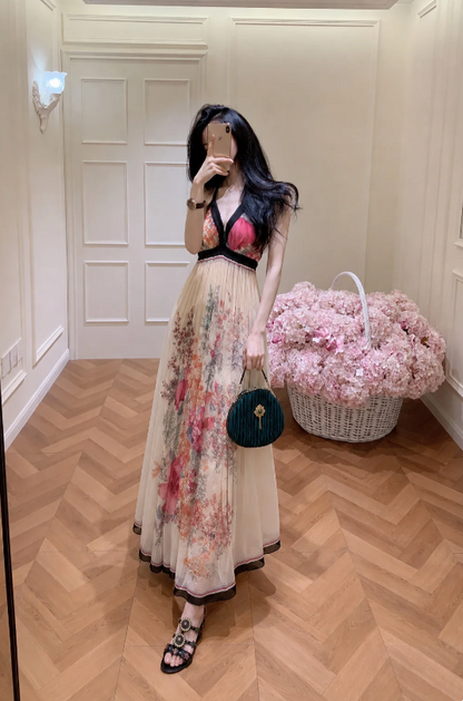 Gorgeous Ivory Spaghetti Straps V-Neck Floral Print Black Trim Empire Waist Flowy A Line Chiffon Long Prom Dress AD1188