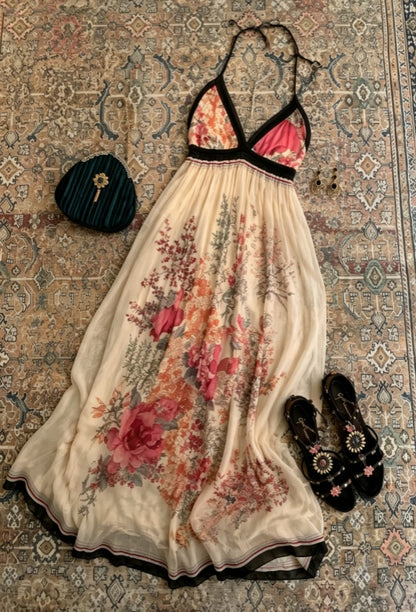 Gorgeous Ivory Spaghetti Straps V-Neck Floral Print Black Trim Empire Waist Flowy A Line Chiffon Long Prom Dress AD1188