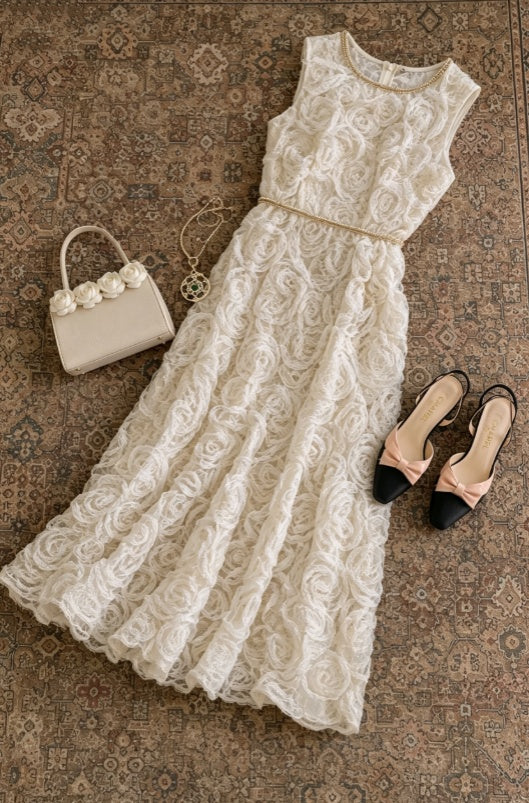 Romantic Ivory 3D Rose Lace Sleeveless Round Neck A Line Long Prom Dress AD1189