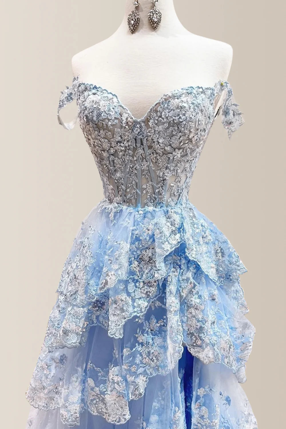 Gorgeous A-Line Off The Shoulder Long Tiered Prom Dress With Sequined Appliques AD119