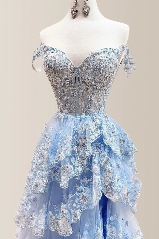 Gorgeous A-Line Off The Shoulder Long Tiered Prom Dress With Sequined Appliques AD119