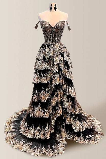 Gorgeous A-Line Off The Shoulder Long Tiered Prom Dress With Sequined Appliques AD119