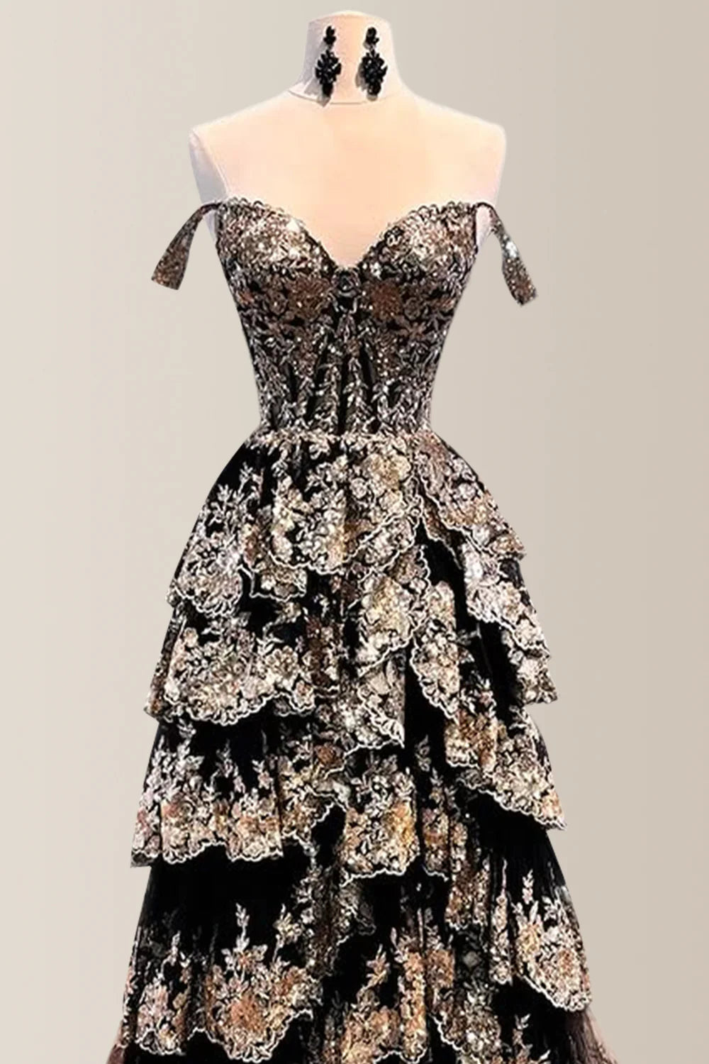 Gorgeous A-Line Off The Shoulder Long Tiered Prom Dress With Sequined Appliques AD119