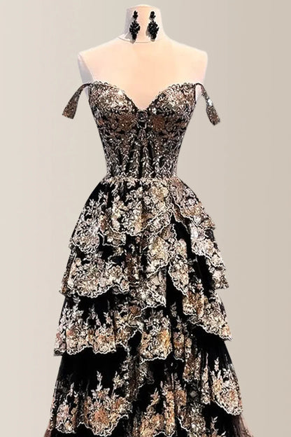 Gorgeous A-Line Off The Shoulder Long Tiered Prom Dress With Sequined Appliques AD119