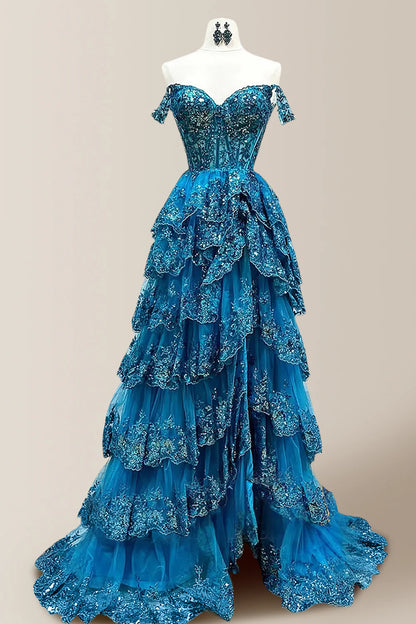 Gorgeous A-Line Off The Shoulder Long Tiered Prom Dress With Sequined Appliques AD119