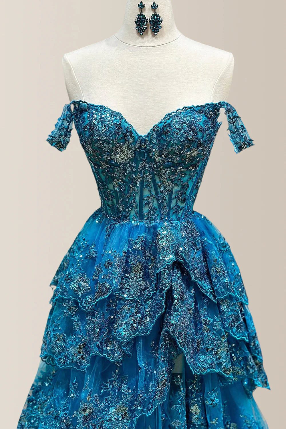 Gorgeous A-Line Off The Shoulder Long Tiered Prom Dress With Sequined Appliques AD119