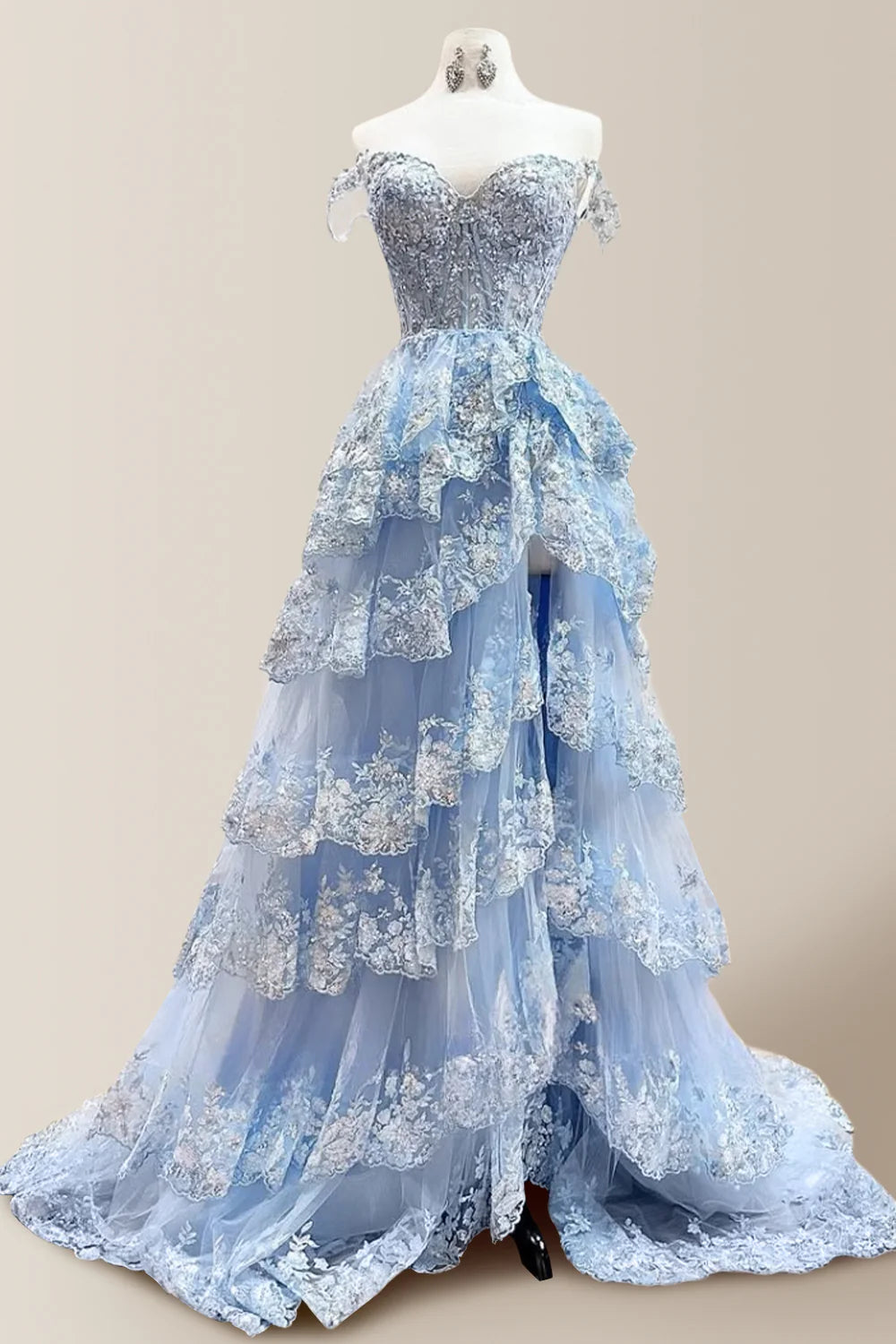 Gorgeous A-Line Off The Shoulder Long Tiered Prom Dress With Sequined Appliques AD119
