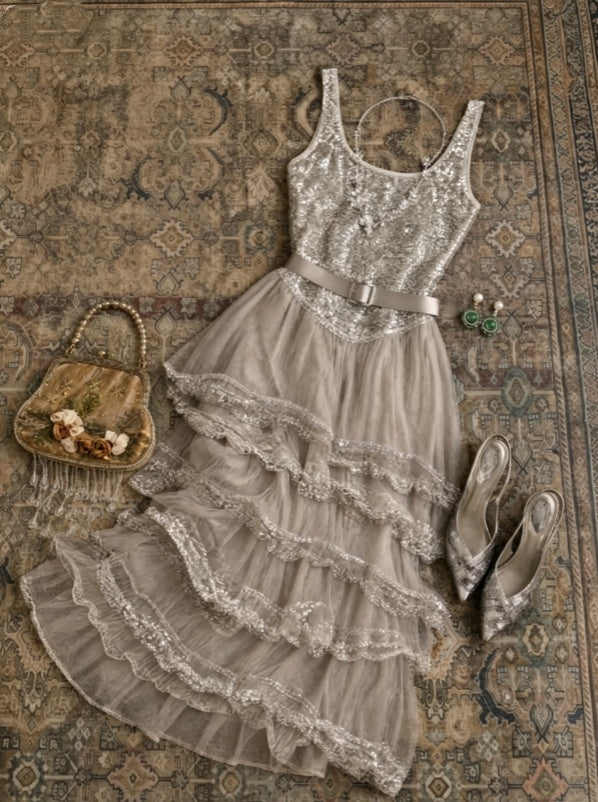Sparkling Grey Silver Sequin Straps Multi-Layer Ruffle Tulle A Line Long Prom Dress With Satin Waist Belt AD1191