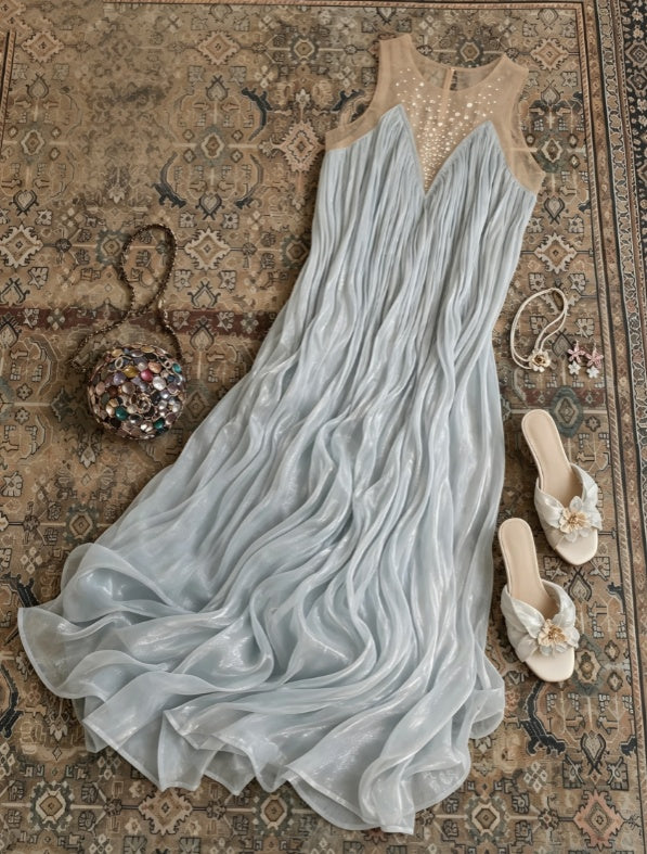 Fresh Light Blue Shimmer Chiffon Round Neck Sleeveless Beaded A Line Long Prom Dress AD1192