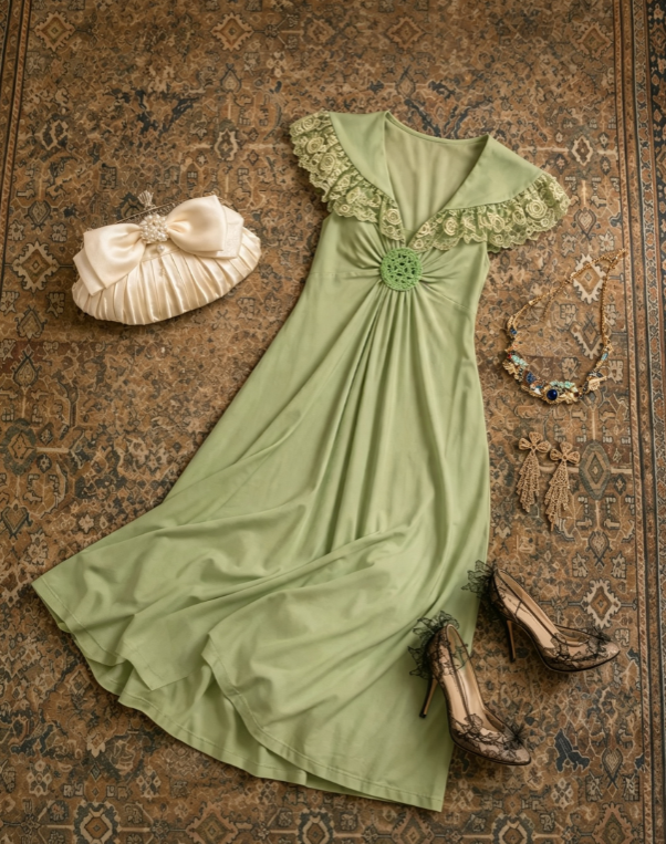Vintage Sage Green V-Neck Ruffled Lace Cape Collar Flowy A Line Long Prom Dress AD1196