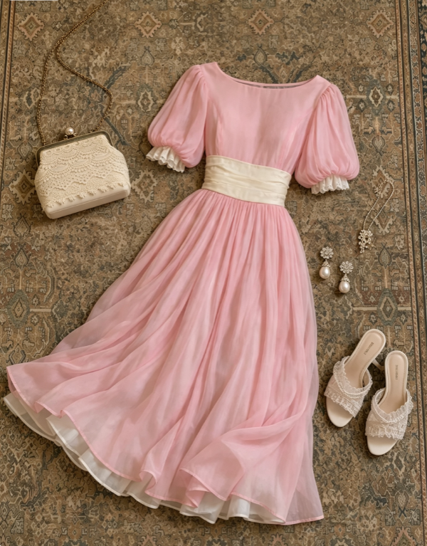 Dreamy Pink Boat Neck Puff Short Sleeves Chiffon A Line Long Prom Dress AD1197