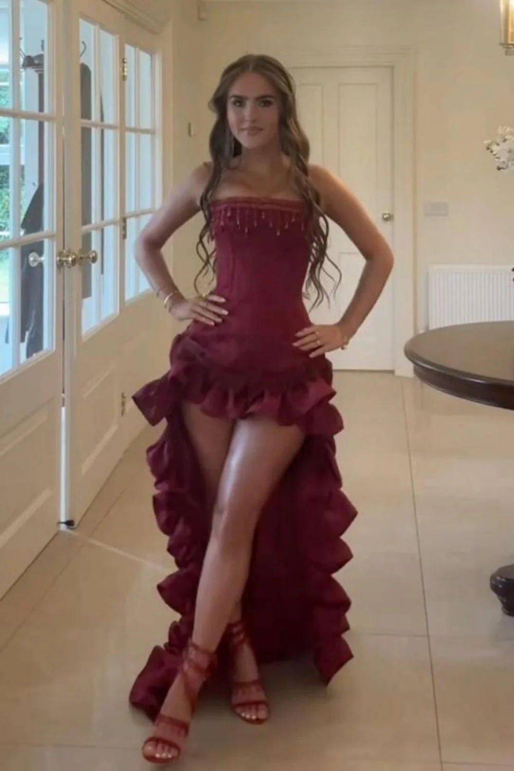 Elegant Strapless High-Low Evening Dress With Tassel Beading & Ruffles AD120