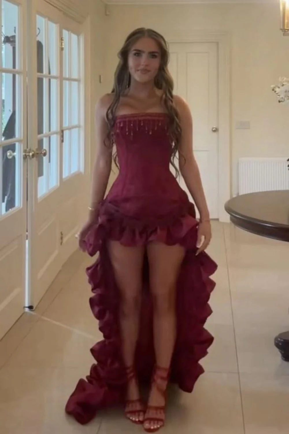 Elegant Strapless High-Low Evening Dress With Tassel Beading & Ruffles AD120