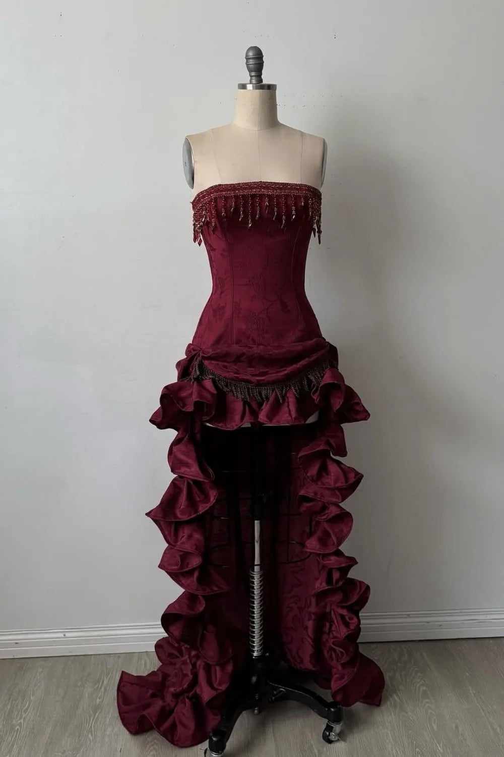 Elegant Strapless High-Low Evening Dress With Tassel Beading & Ruffles AD120