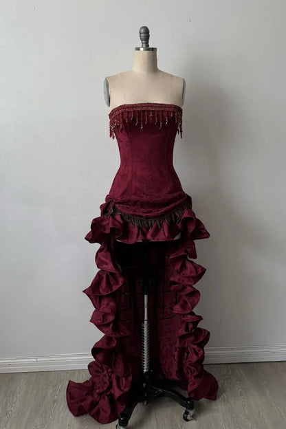 Elegant Strapless High-Low Evening Dress With Tassel Beading & Ruffles AD120