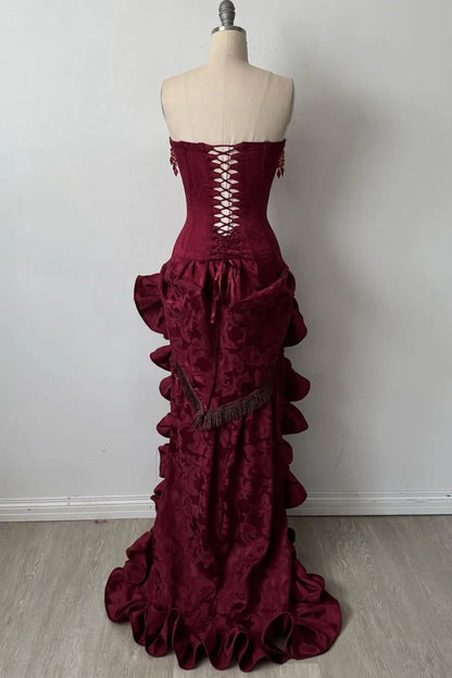 Elegant Strapless High-Low Evening Dress With Tassel Beading & Ruffles AD120