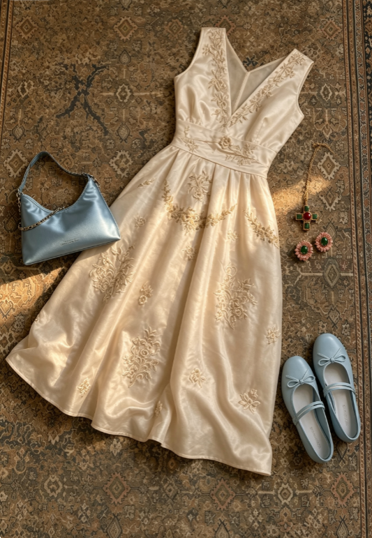 Noble Ivory Sleeveless Deep V Neck Floral Embroidery Satin A Line Midi Prom Dress AD1205