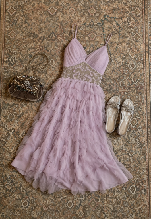Romantic Lavender Spaghetti Strap V Neck Gold Embroidery Waist Layered Tulle A Line Midi Prom Dress AD1207