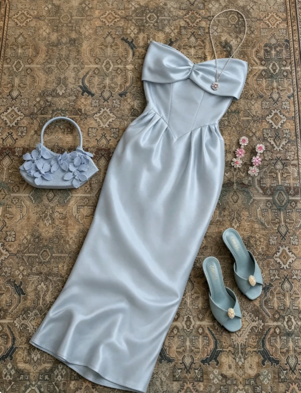 Elegant Blue Strapless Bow Bust Satin Mermaid Long Prom Dress AD1209