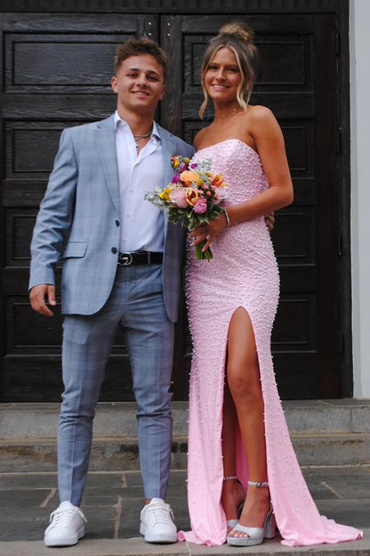 Sparkly Blush Pink Pearl Embellished Long Prom Dress With Side Slit AD121