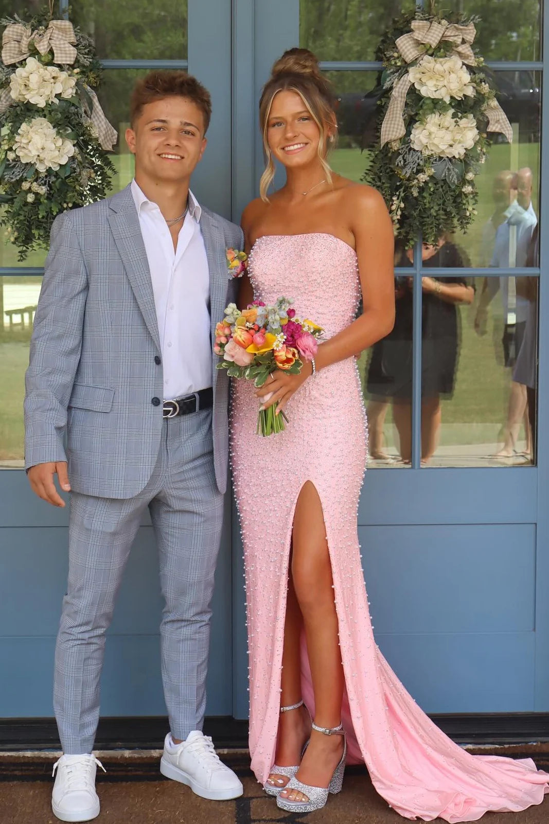 Sparkly Blush Pink Pearl Embellished Long Prom Dress With Side Slit AD121