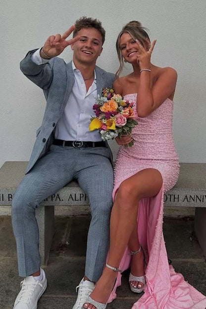 Sparkly Blush Pink Pearl Embellished Long Prom Dress With Side Slit AD121