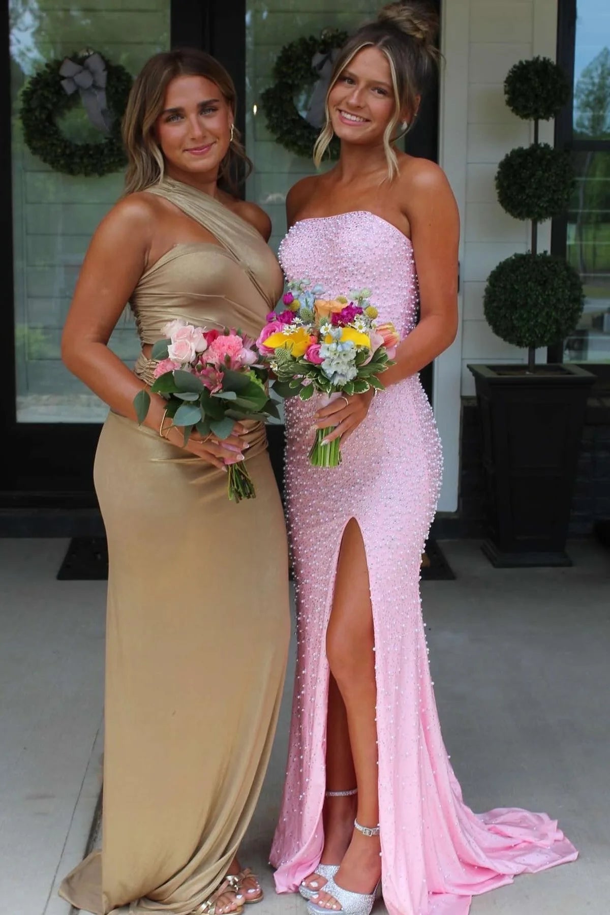 Sparkly Blush Pink Pearl Embellished Long Prom Dress With Side Slit AD121