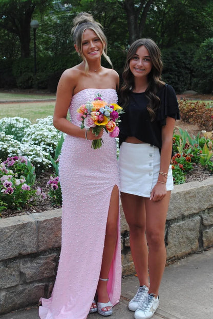 Sparkly Blush Pink Pearl Embellished Long Prom Dress With Side Slit AD121