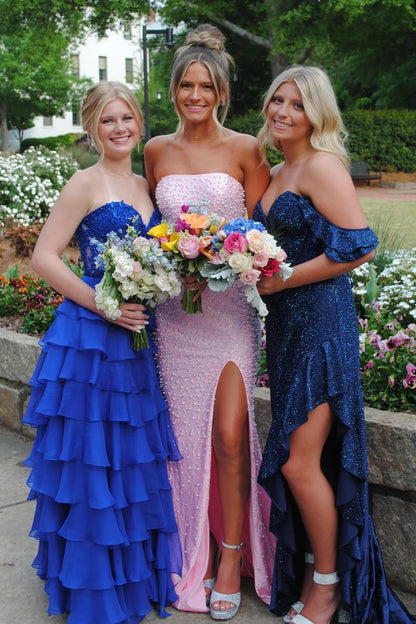 Sparkly Blush Pink Pearl Embellished Long Prom Dress With Side Slit AD121