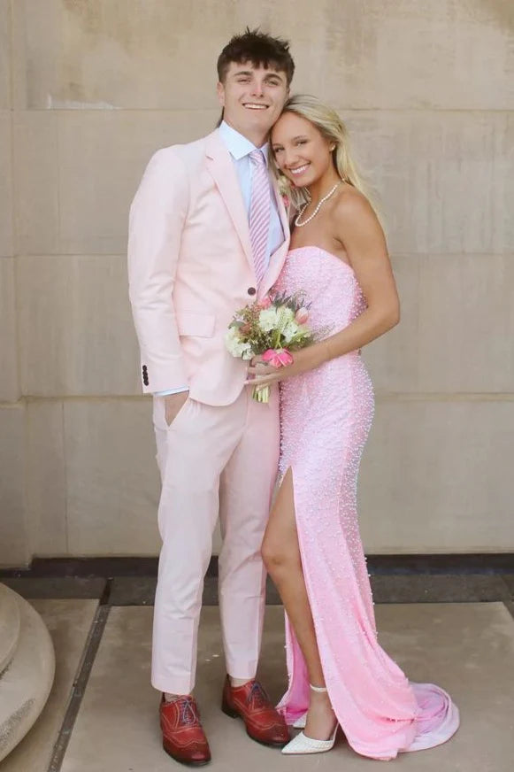 Sparkly Blush Pink Pearl Embellished Long Prom Dress With Side Slit AD121