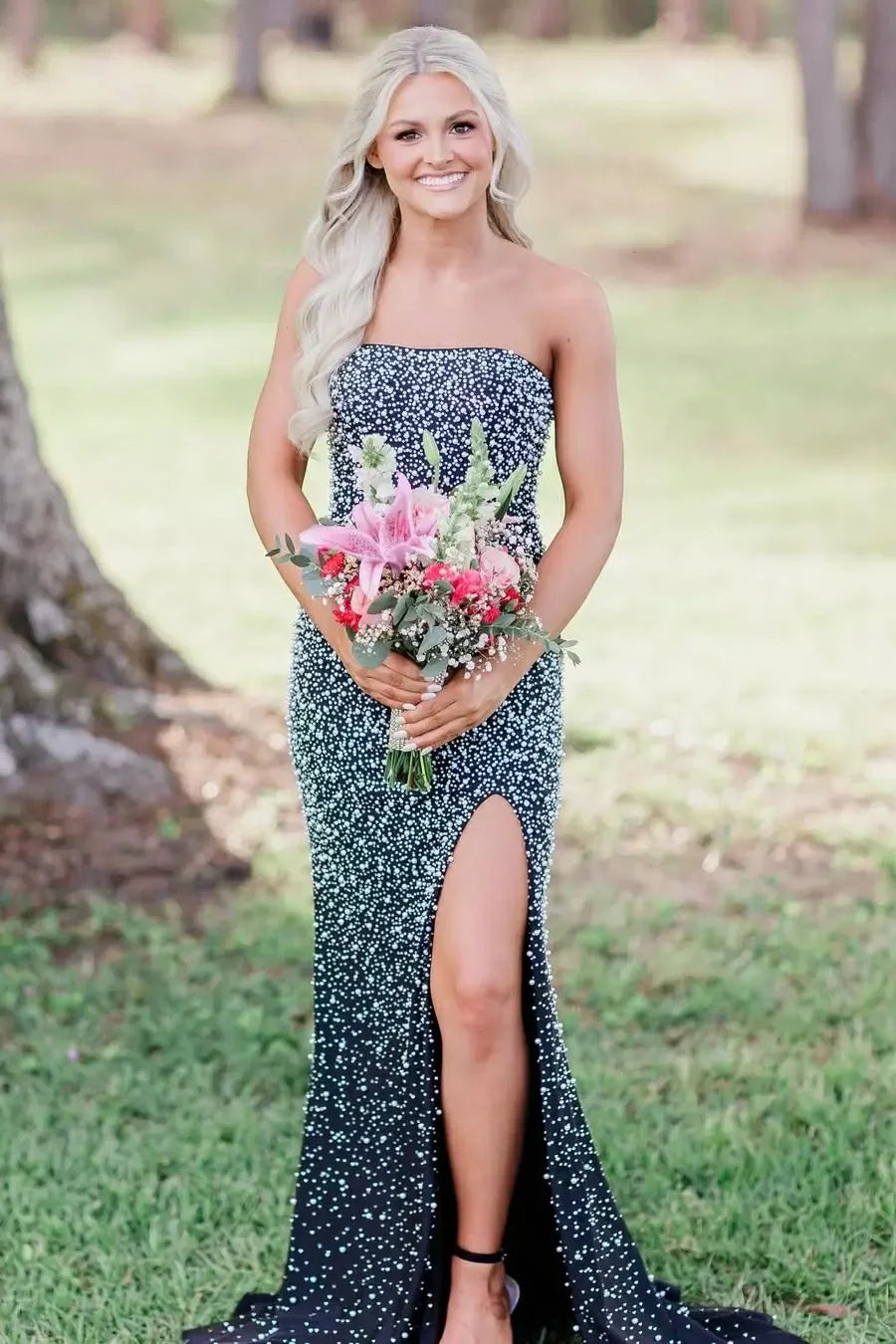 Sparkly Blush Pink Pearl Embellished Long Prom Dress With Side Slit AD121